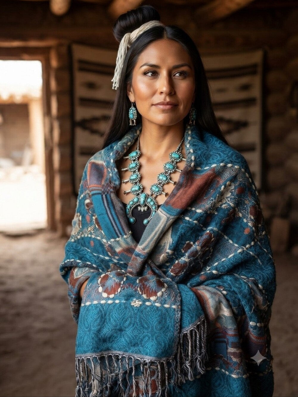Reversible Handcrafted Navajo Blue Patterned Home Art Textile Throw/Shawl